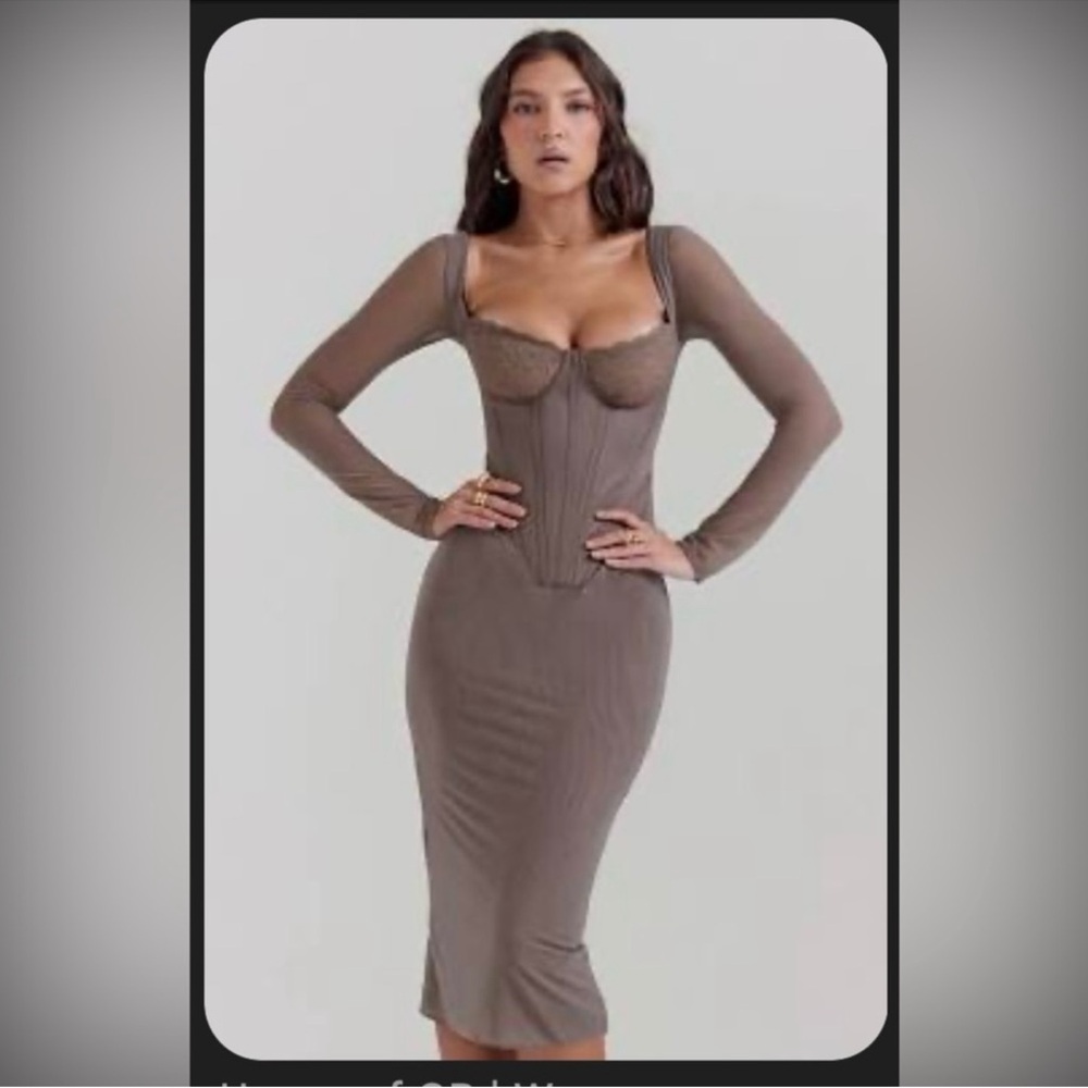 House of CB Taupe Long Sleeve Midi Dress Brand new!